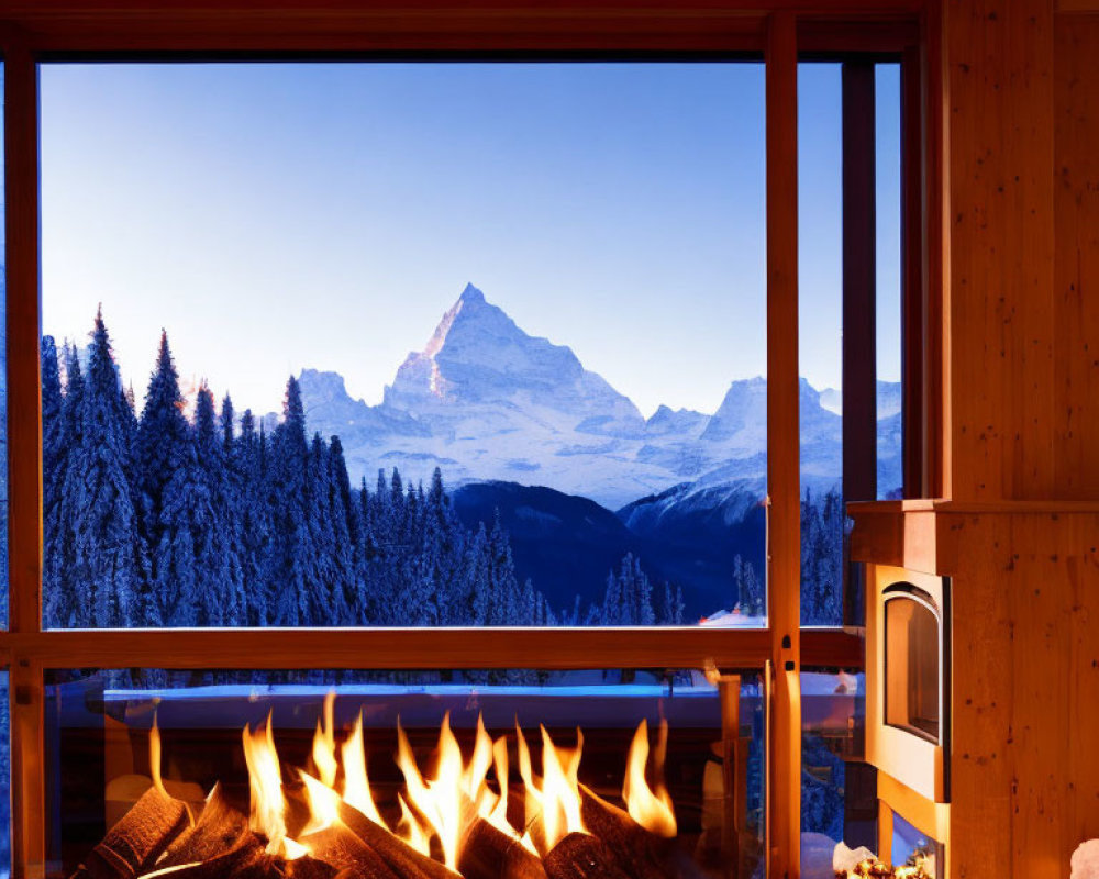 Cozy room with fireplace and mountain view at dusk