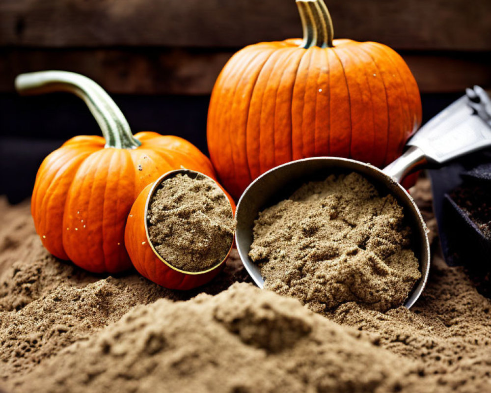 Pumpkins with brown sugar, scoop, and measuring cup on wooden surface