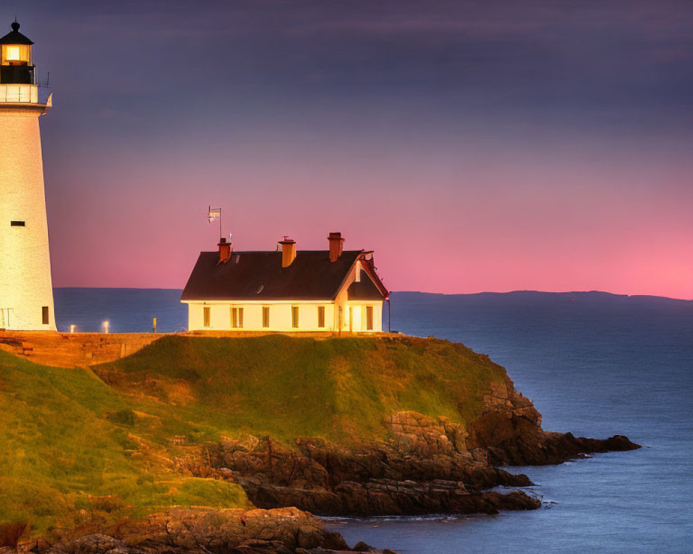 Cliffside lighthouse and building at twilight with purple and orange sky