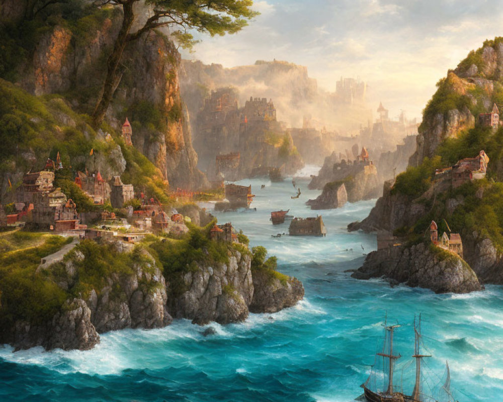 Fantasy coastal landscape with sailing ship, stone structures, misty town, and warm sky