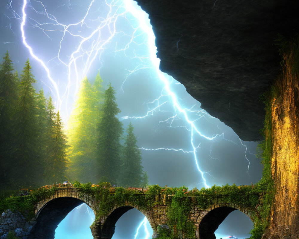 Stone bridge over blue stream in mystical landscape with lightning and dark skies.