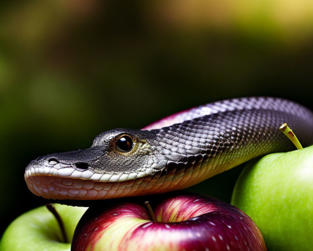 Sleek black snake among red and green apples with sharp eye