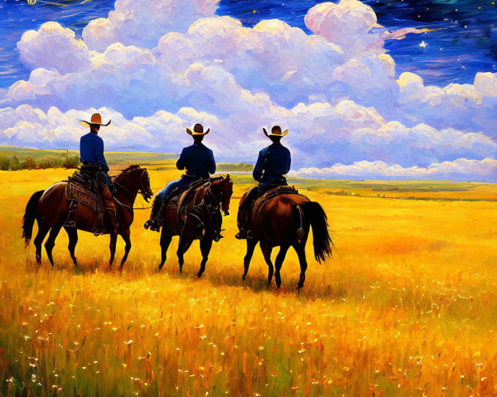 Cowboys on horseback in blooming field under twilight sky.