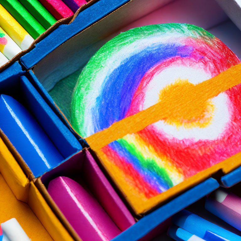 Vibrant rainbow drawing surrounded by colorful crayons in box