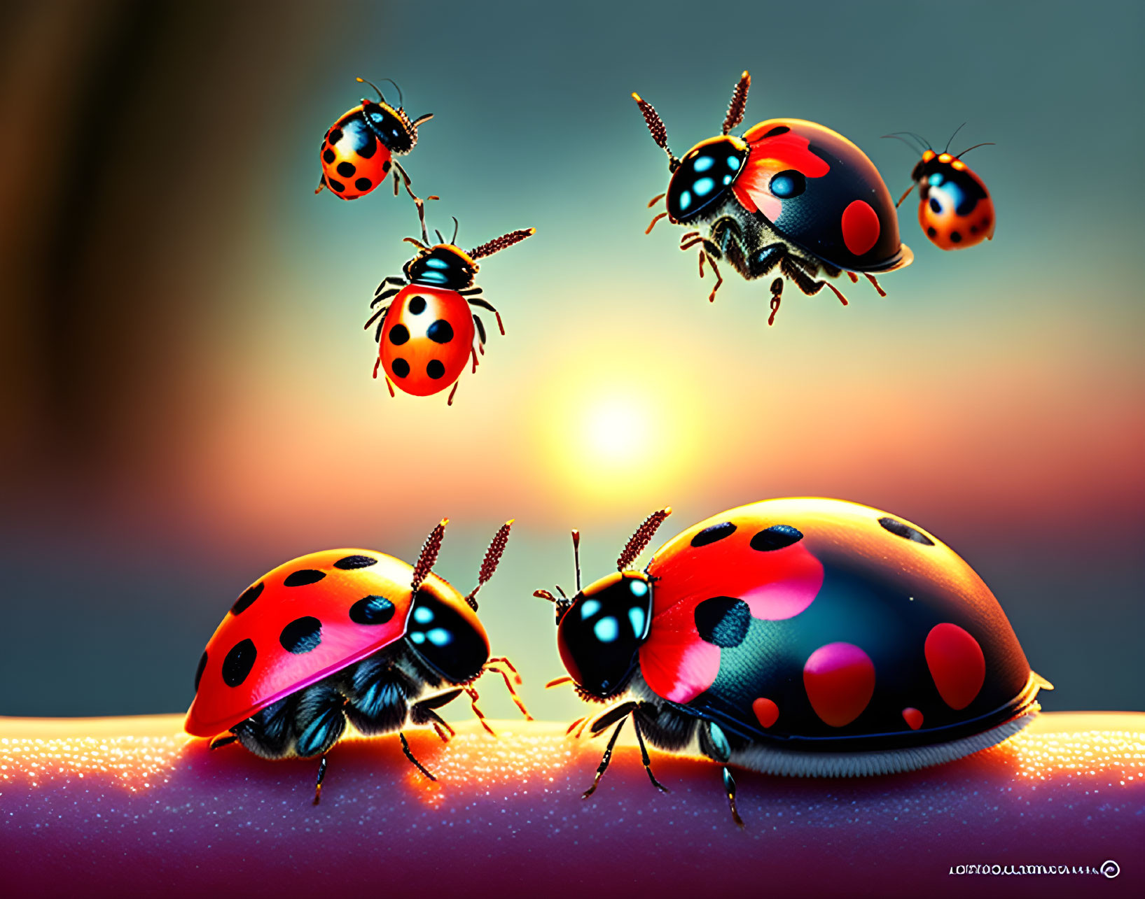 Vibrant ladybugs on reflective surface at sunset