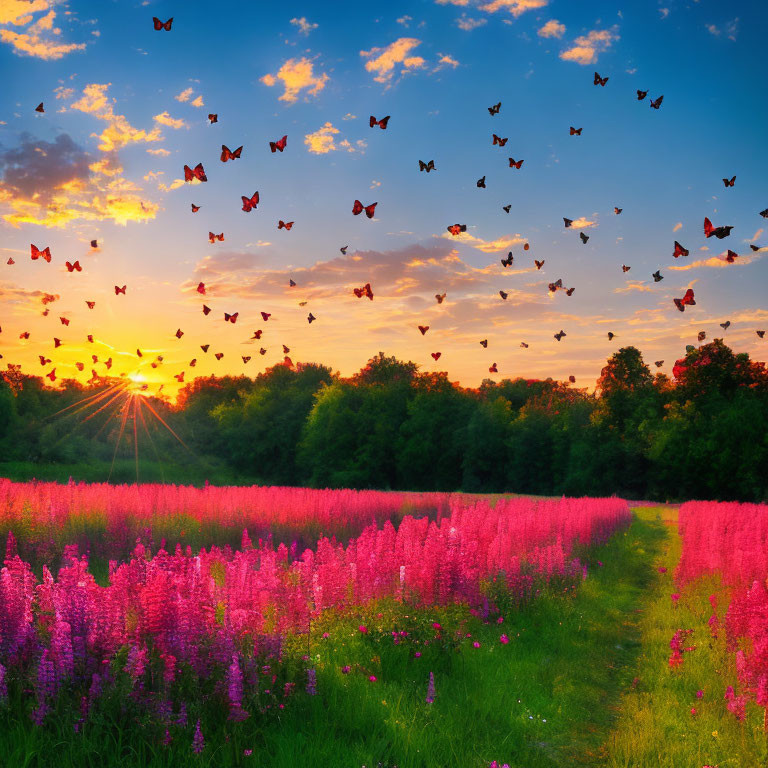 Colorful sunset scene with butterflies over flower field