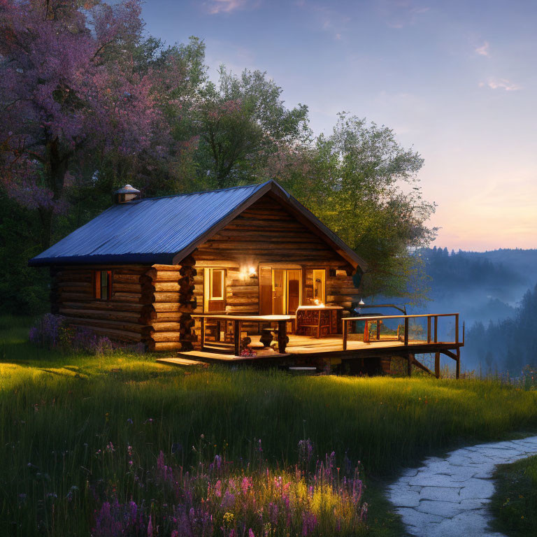 Tranquil twilight scene of cozy wooden cabin with lit porch