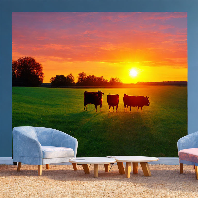 Wall mural of serene sunset with cow silhouettes in grassy field from room with blue armch