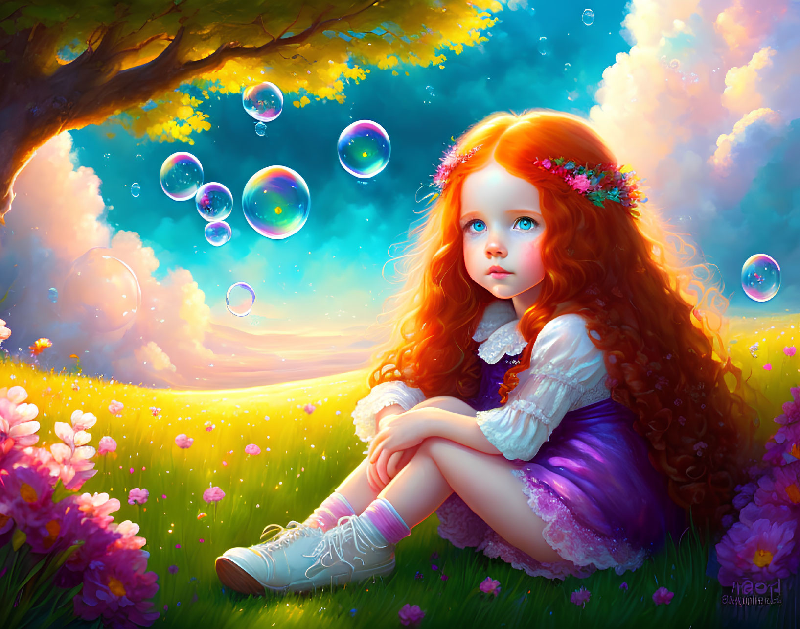 Young girl with red hair in floral headband in flower-filled meadow with soap bubbles and sunset sky