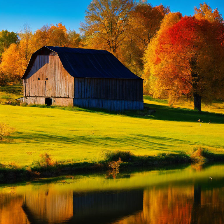 Rustic barn by calm lake with autumn trees reflection