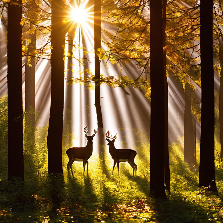 Sunlit forest scene with two deer and rays of light piercing through trees