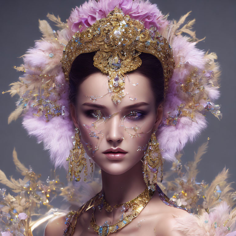 Luxurious Gold and Pink Feathered Headpiece on Woman against Complementary Background