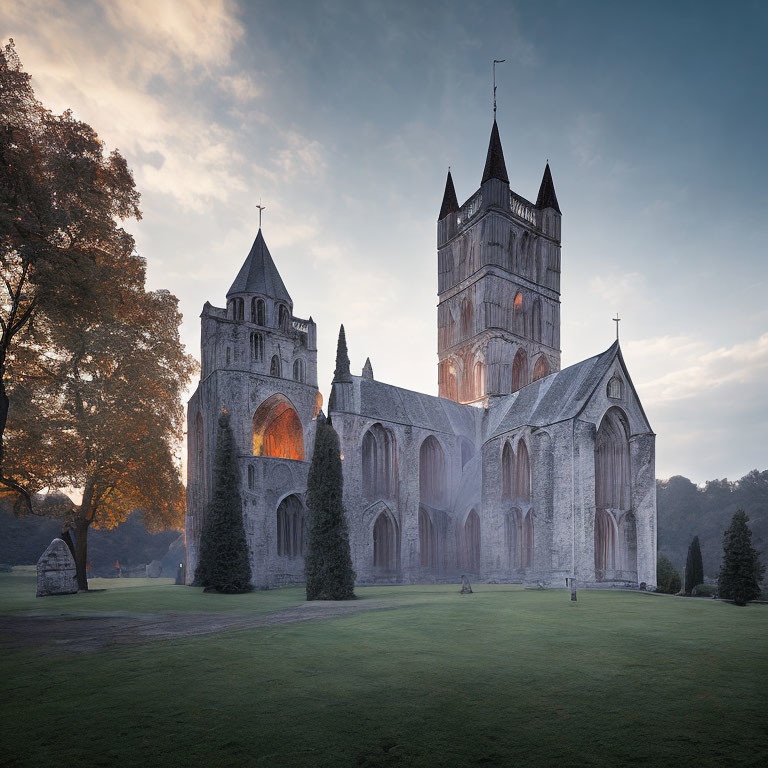 Medieval cathedral at twilight with Gothic arches in serene landscape