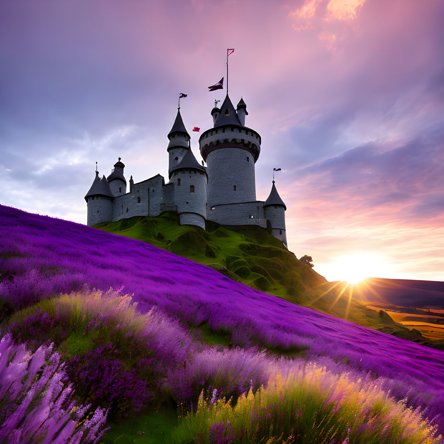 Majestic castle on hill with purple heather, dramatic sunset sky.