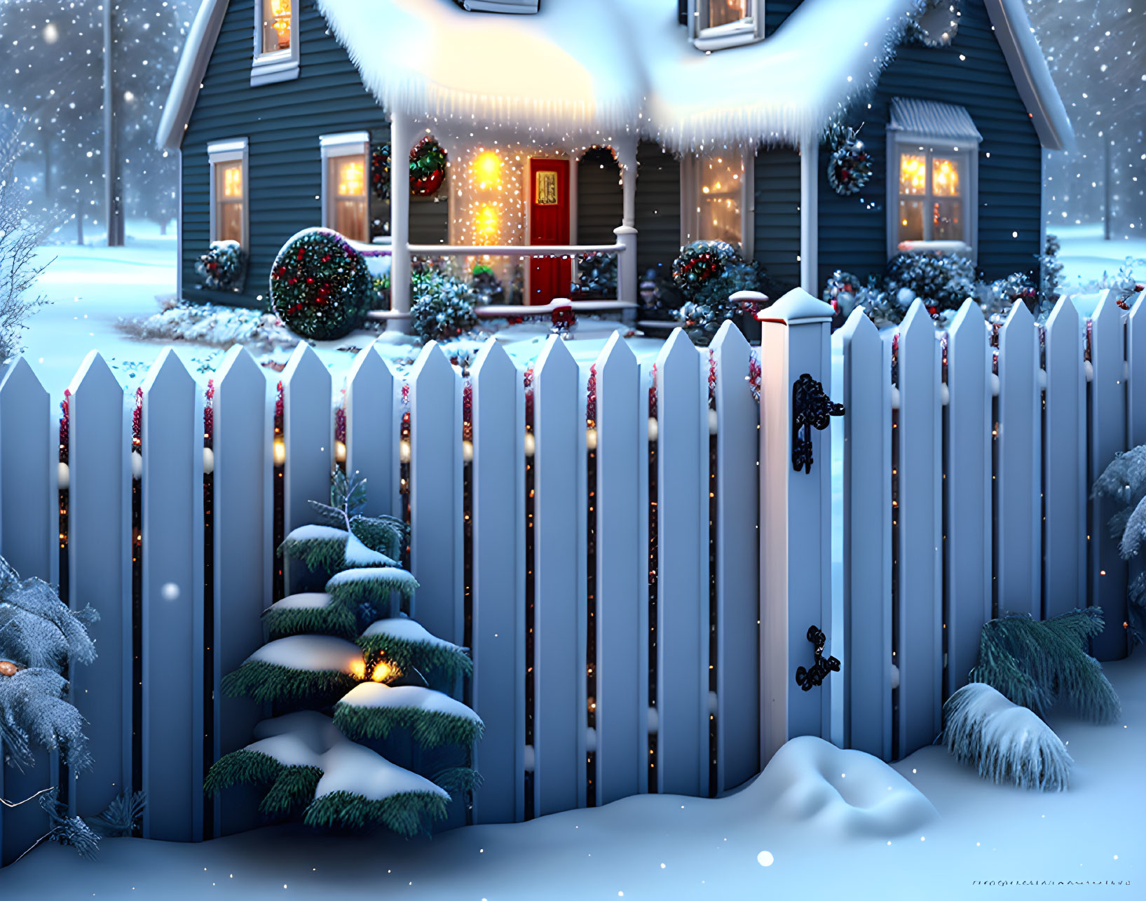 Winter scene: Cozy house with festive decorations and snow-covered trees