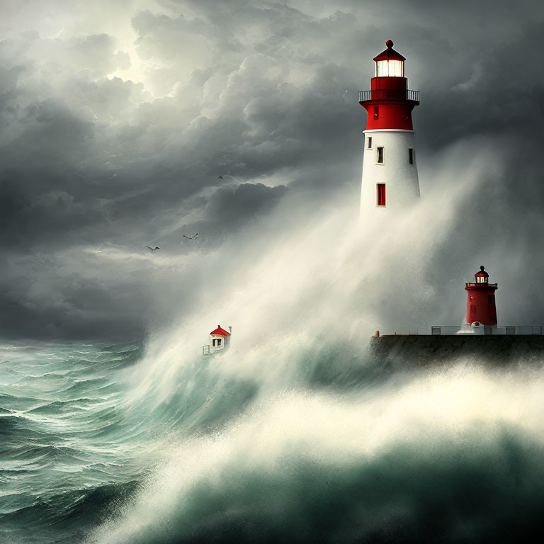 Stormy sea waves crash against lighthouse and building under tumultuous sky.