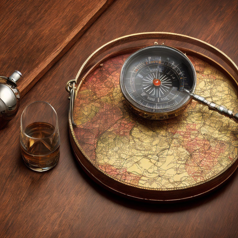 Vintage compass, old map, pocket watch, and whiskey on wooden table