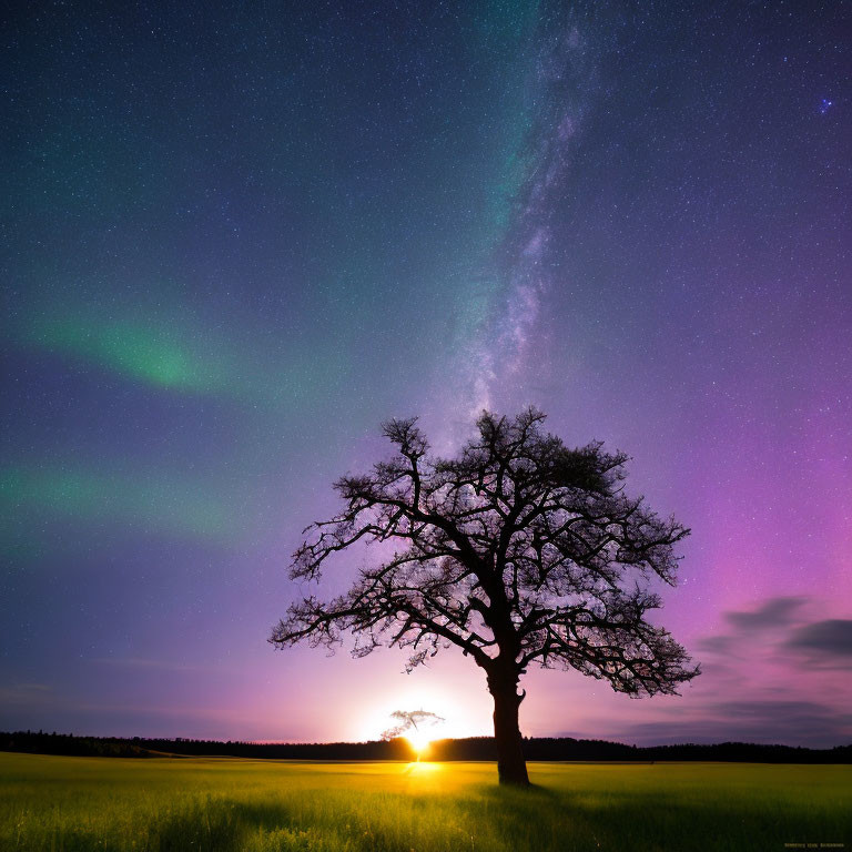 Solitary Tree in Field with Northern Lights and Sunrise/Sunset Sky