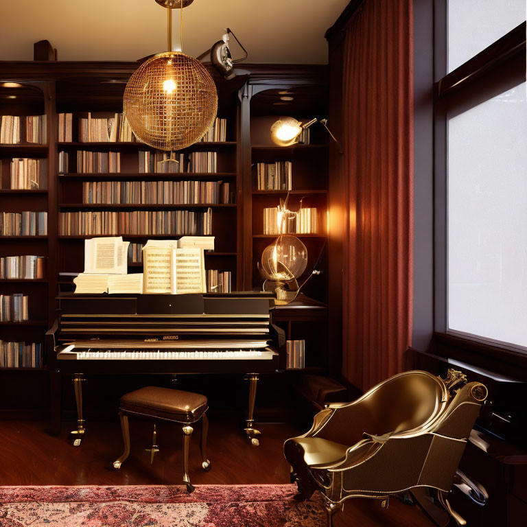 Classic Home Library with Grand Piano, Book-Filled Shelves, Armchair, Warm Lighting, and