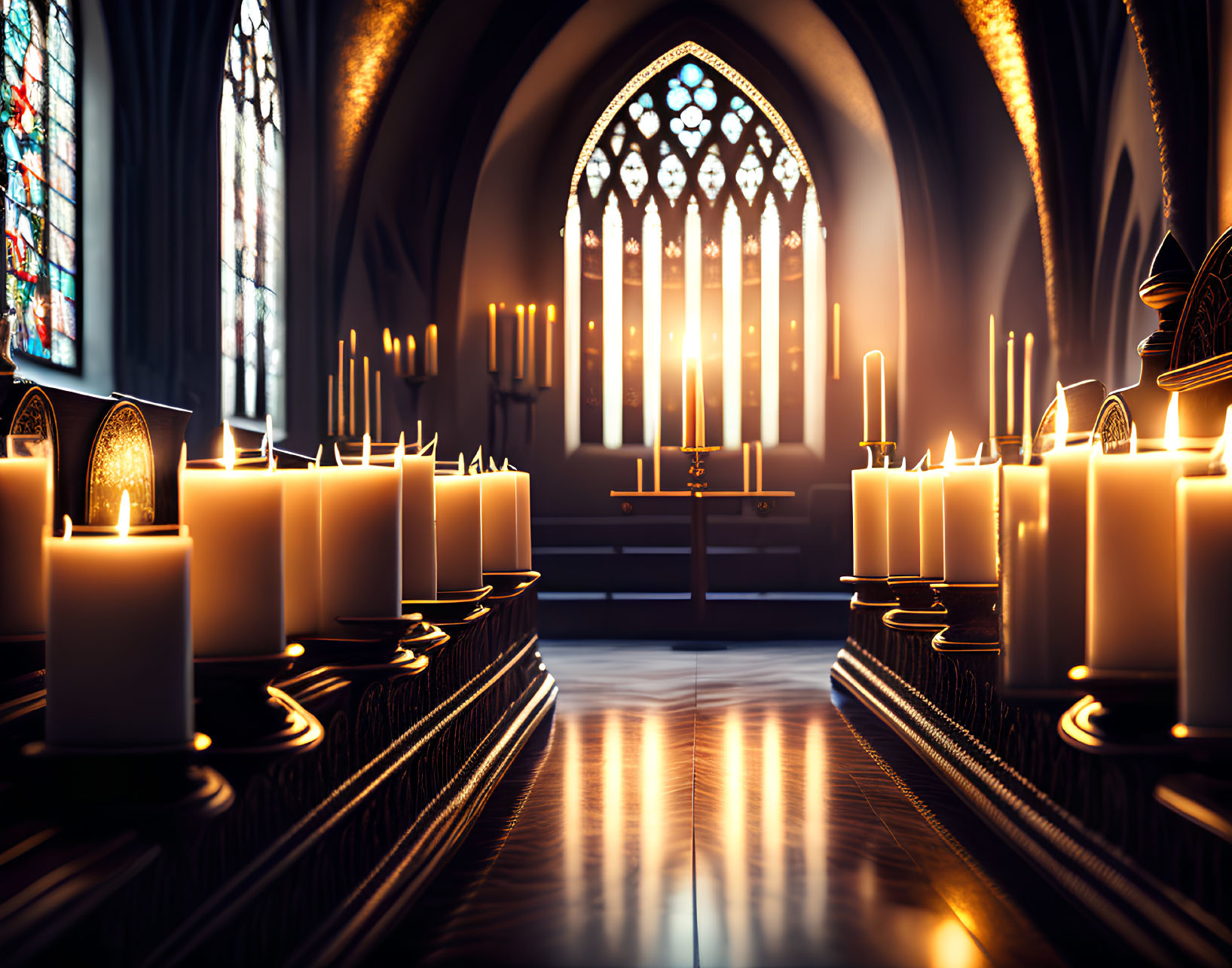 Gothic Church Interior with Candles, Stained-Glass Windows, and Altar Cross