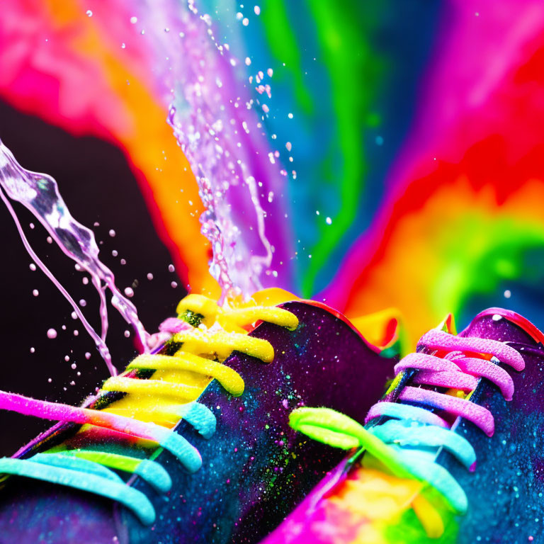 Vibrant Colorful Sneakers on Psychedelic Background with Water Splashes