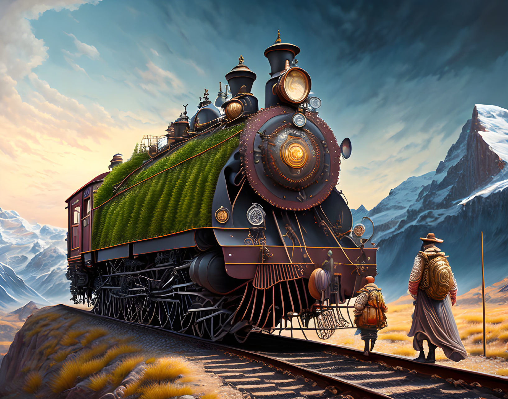 Steampunk train and travelers in mountain landscape