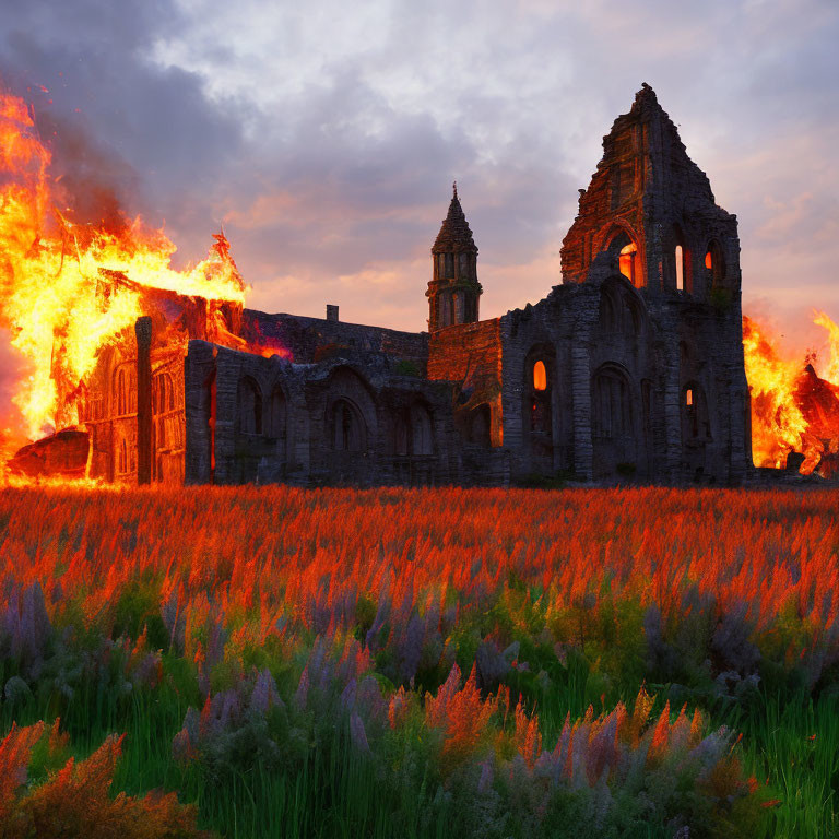 Flaming medieval gothic church ruins at dusk with orange flowers and dramatic sky