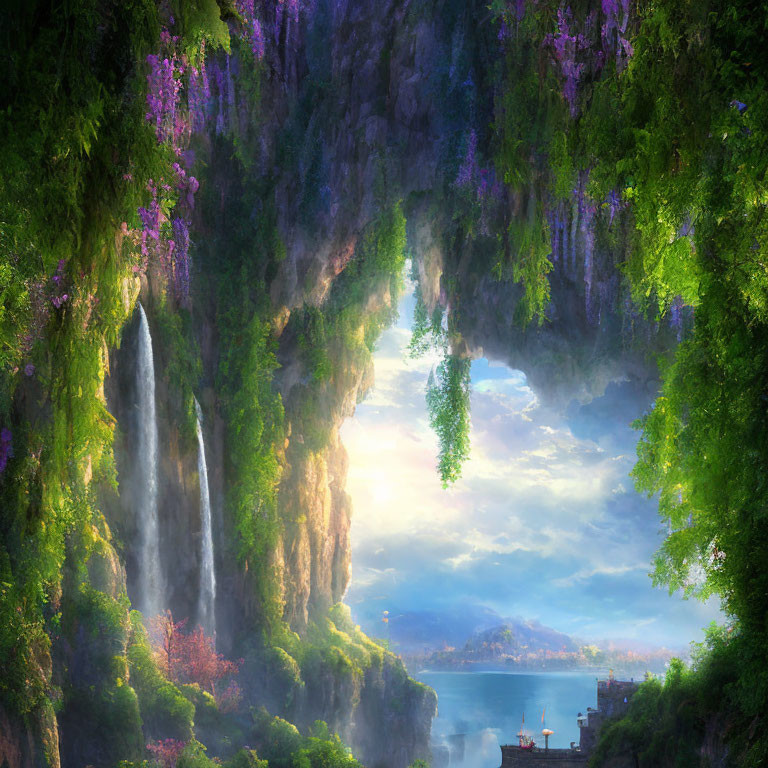 Fantasy landscape with cascading waterfall into misty bay