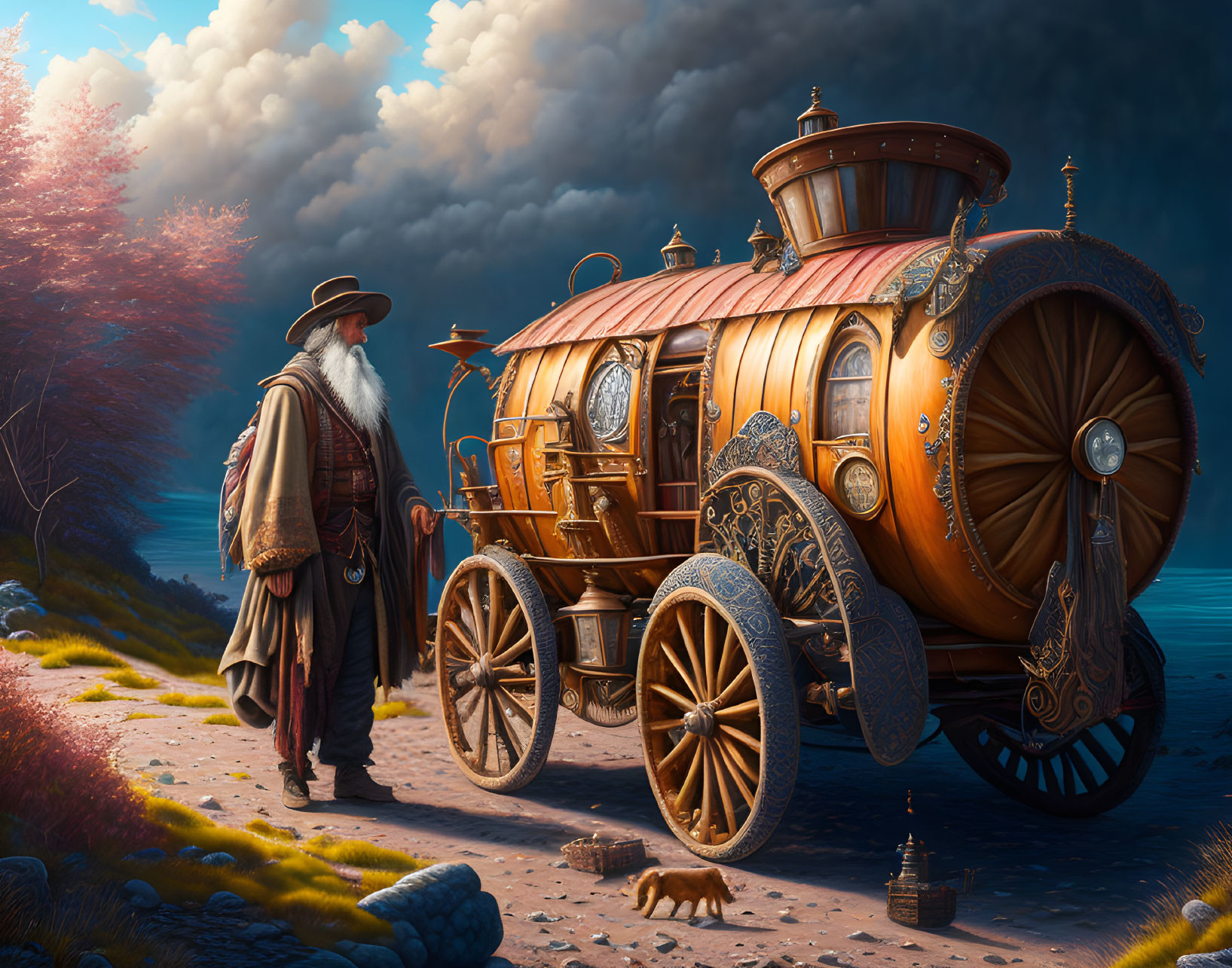 Bearded man in wide-brimmed hat next to steam-punk carriage on scenic path