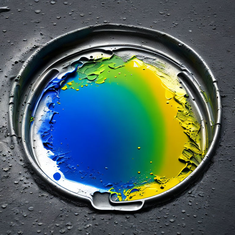 Colorful paint mix on silver lid with water droplets on dark surface