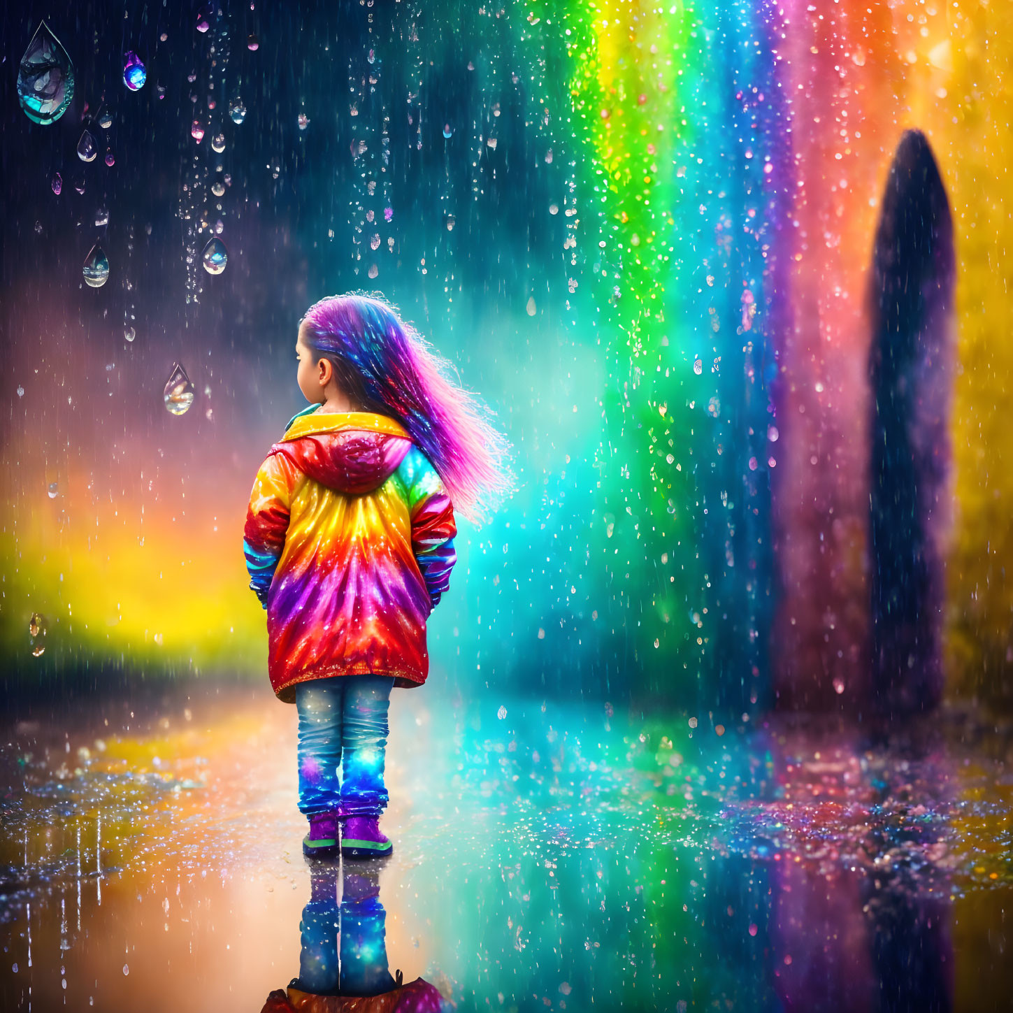 Child with rainbow hair admires colorful arch in the rain