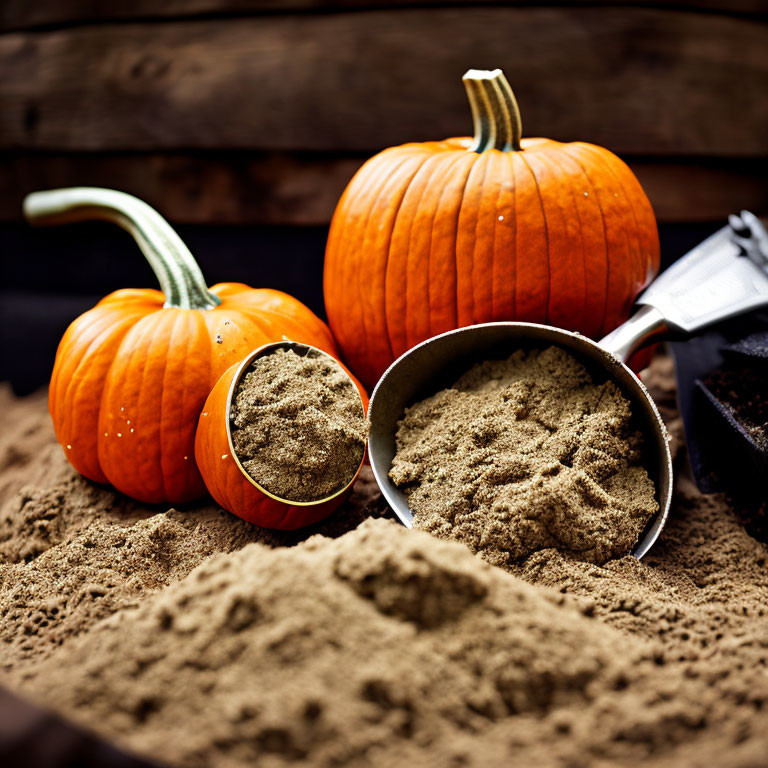 Pumpkins with brown sugar, scoop, and measuring cup on wooden surface