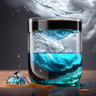 Detailed 3D render of swirling water in a glass with suspended droplets