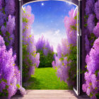 Lush garden with lilac bushes under starry night sky