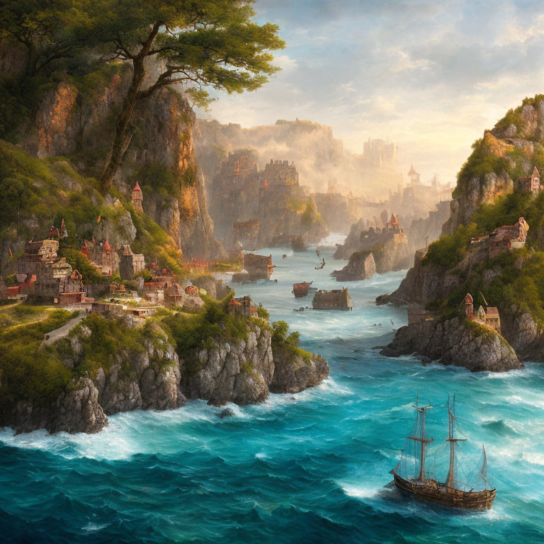 Fantasy coastal landscape with sailing ship, stone structures, misty town, and warm sky