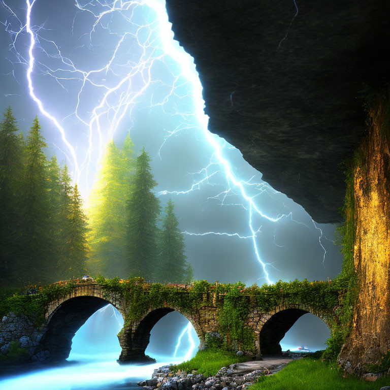 Stone bridge over blue stream in mystical landscape with lightning and dark skies.