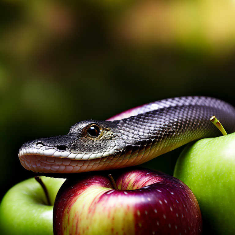 Sleek black snake among red and green apples with sharp eye