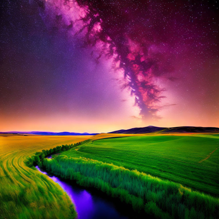 Twilight landscape with starry sky, sunset, river, green fields