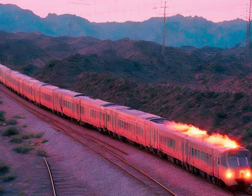 Scenic sunset train journey through rugged mountains