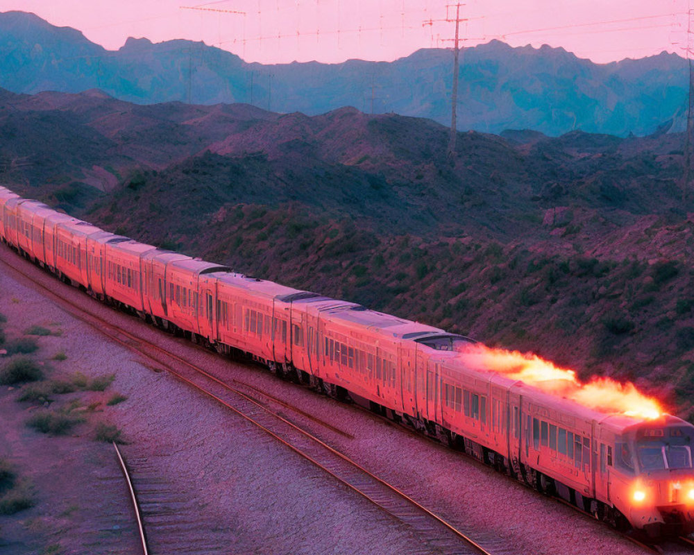 Scenic sunset train journey through rugged mountains