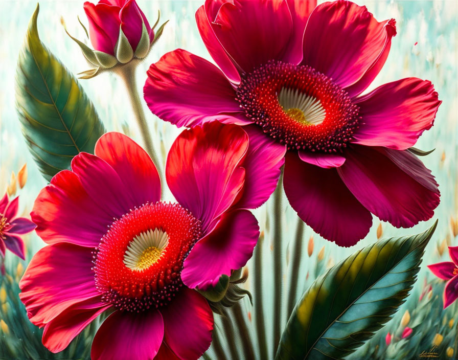 Bright red flowers with yellow stamens in green foliage on soft background