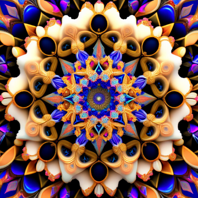 Colorful kaleidoscopic image with intricate blue, orange, and gold patterns.