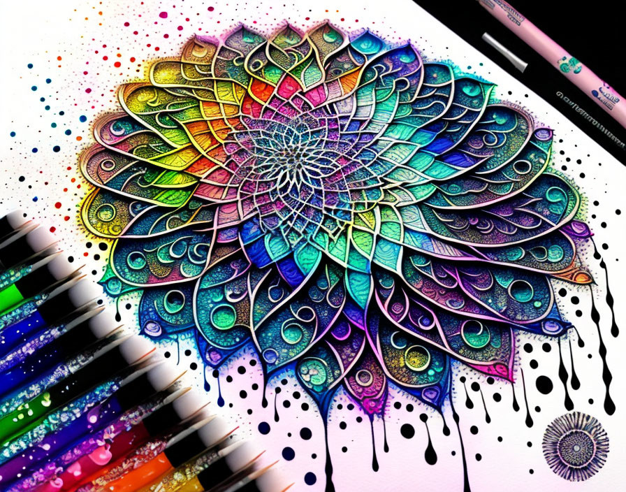 Colorful Mandala Artwork with Intricate Patterns and Dripping Paint Details