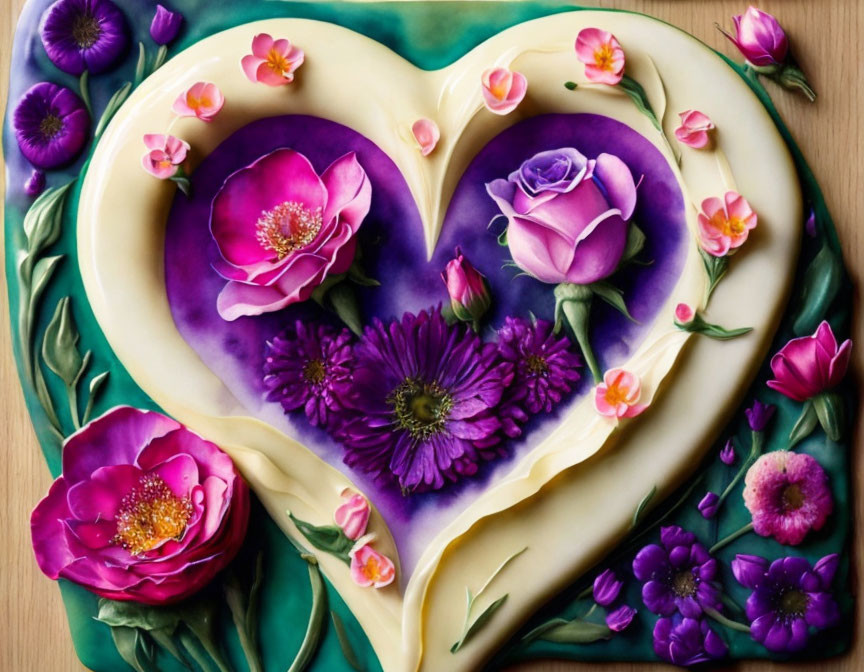 Heart-shaped purple flower arrangement with yellow border on wooden surface