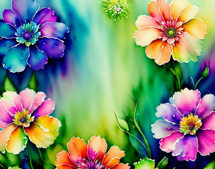 Colorful Watercolor Painting of Flowers on Green-Blue Gradient Background