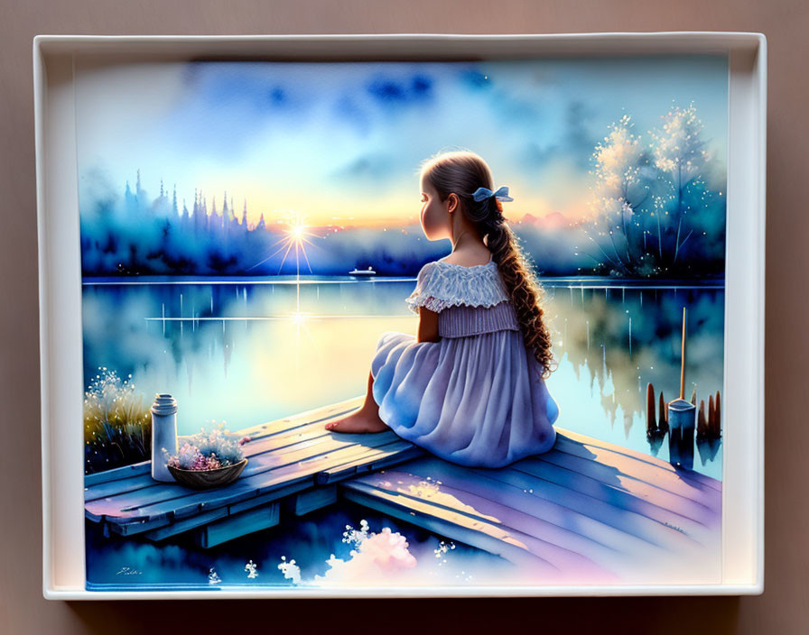 Girl on Dock at Sunrise Over Still Lake with Flowers