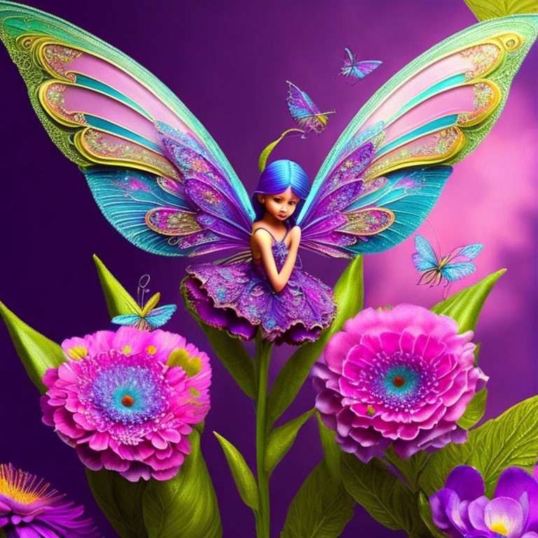 Colorful Fairy Artwork with Iridescent Wings and Flower Setting