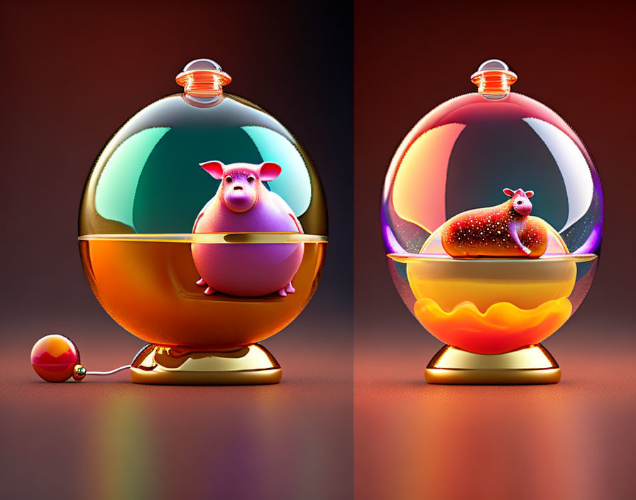 Vibrant 3D illustrations: Cartoon pigs in glass spheres with metallic bases