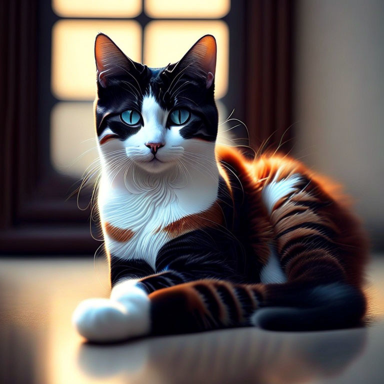 Black and White Cat with Orange Markings Sitting by Window