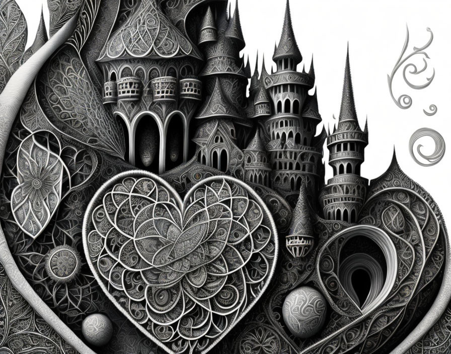 Intricate monochrome castle illustration with ornate designs